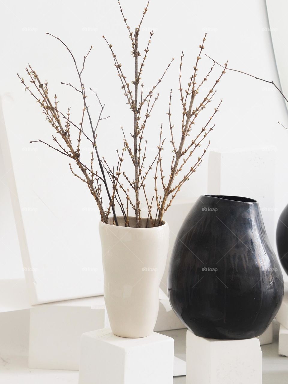 Branches with swollen buds in ceramic on white background, no people, still life