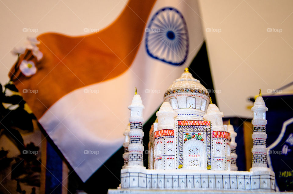 The Indian tricolour . In this picture one can see Tajmahal - one of the wonder of the world and a symbol of love in the foreground and Indian flag in the mid ground depicting how much India and Indians stand as a peace loving country and also shows the importance of love in everyone's life. 