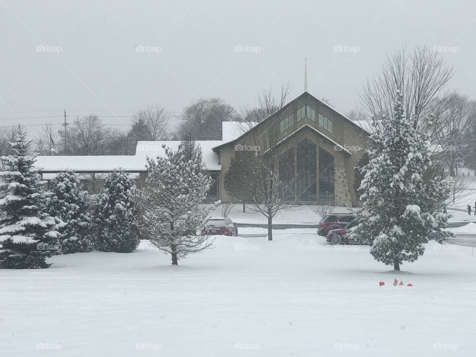 Church in the winter snow. 