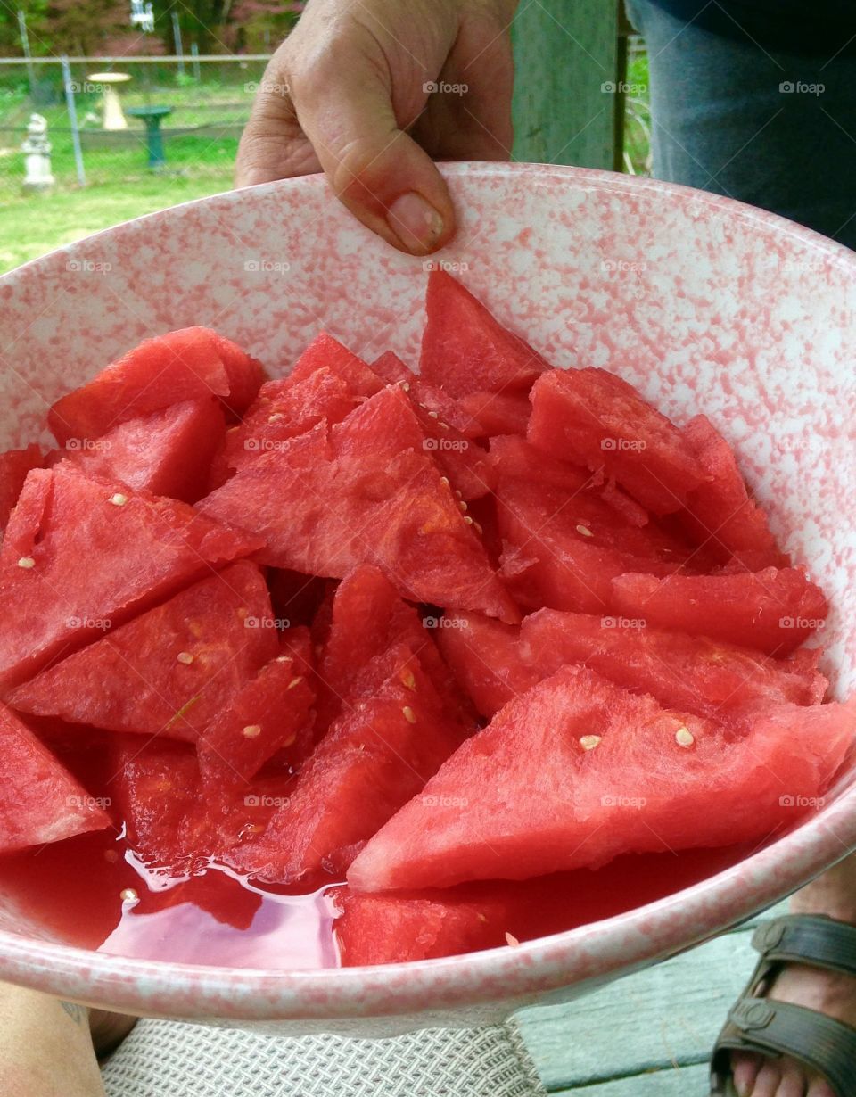 Watermelon pieces in bowl.