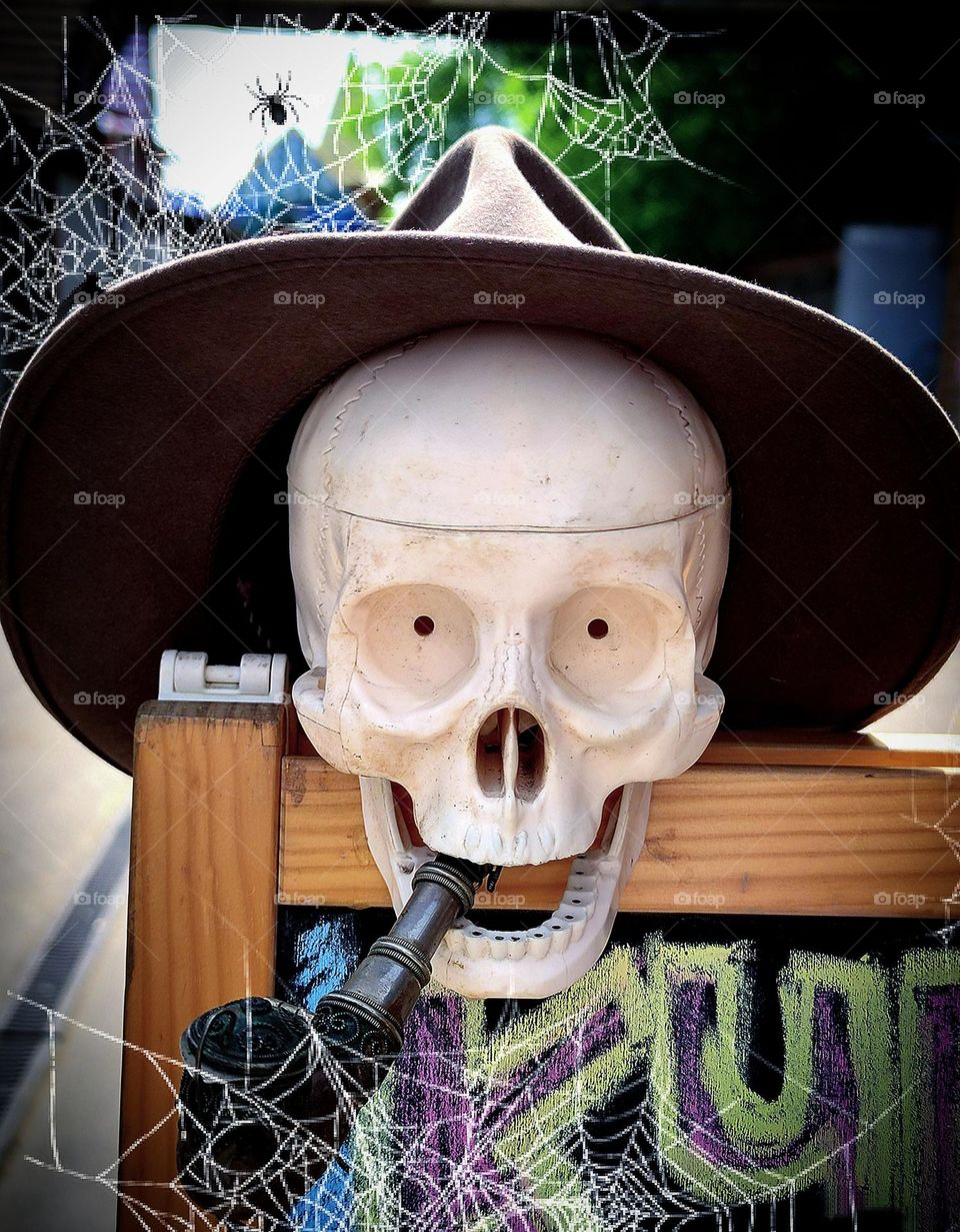 Human skull. A wooden smoking pipe protrudes from the jaw. There is a wide hat on the skull. There is a web with a black spider around the skull
