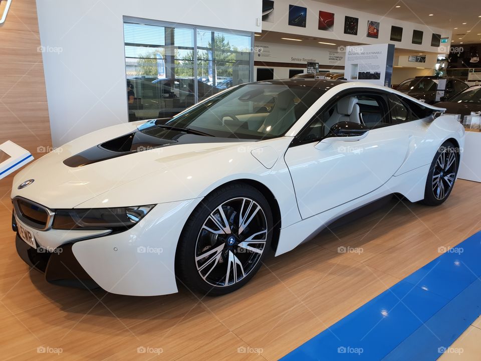 BMW i8 coupe in dealer car garage