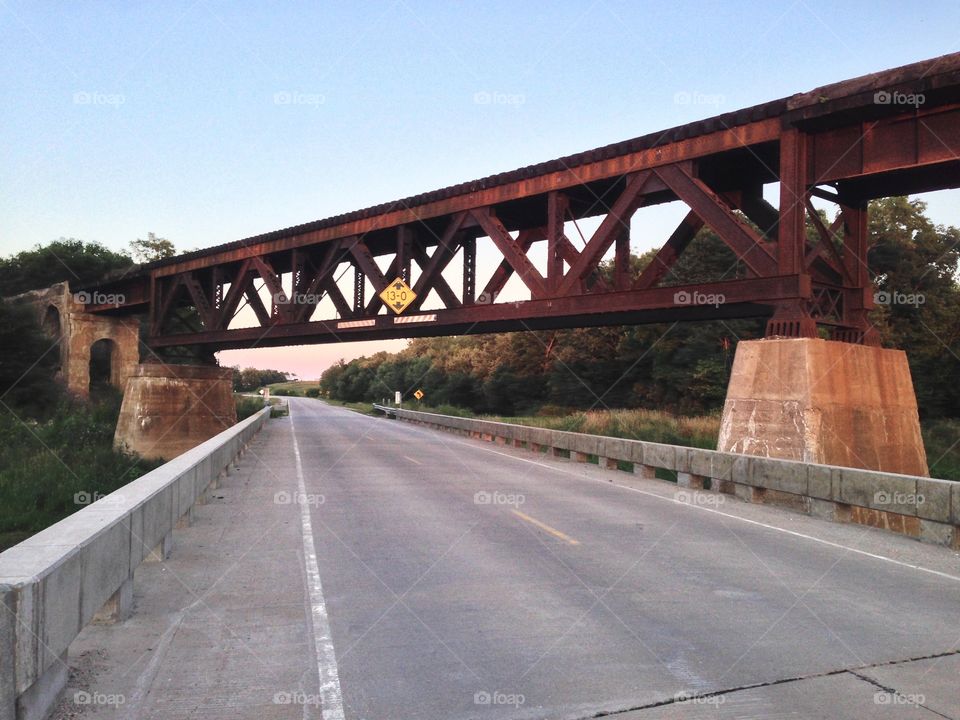 Deck truss railroad bridge. Posted to the National Register of Historic Places. 