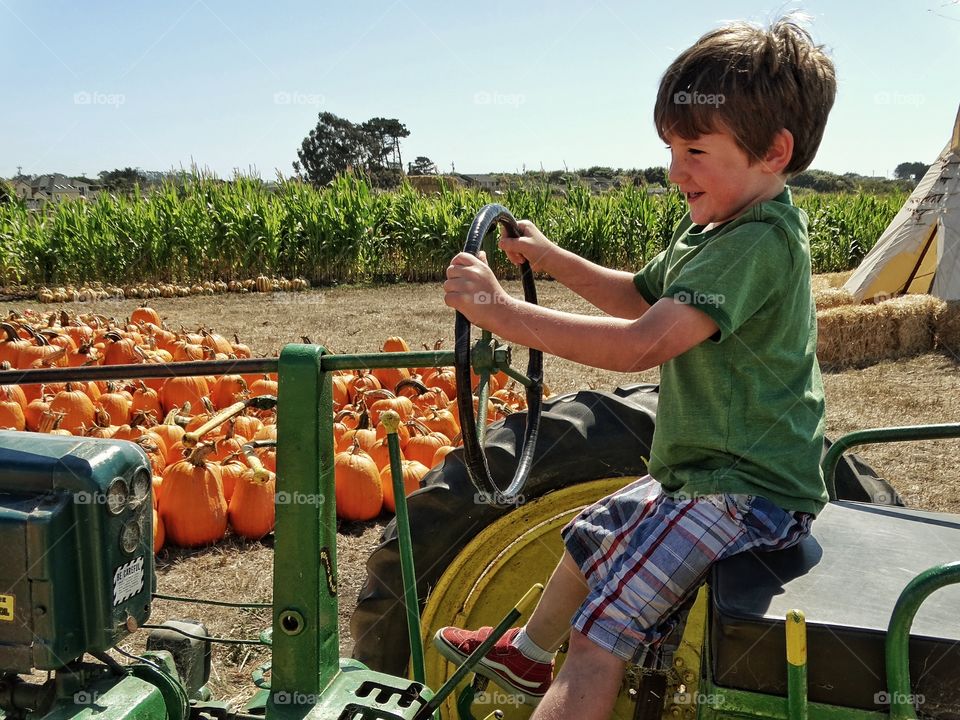 American Farm Boy. Young Boy Riding A John Deere Tractor At A Pumpkin Farm
