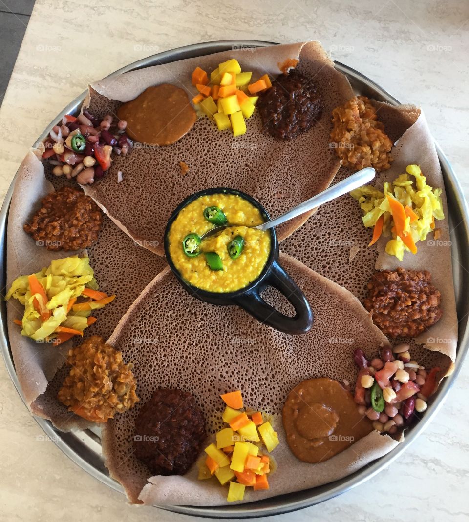 A traditional Ethiopian dish; Injera. Sourdough flat bread with various dips to choose from