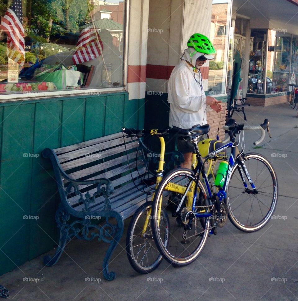 Biking in town. Biking break at a downtown diner