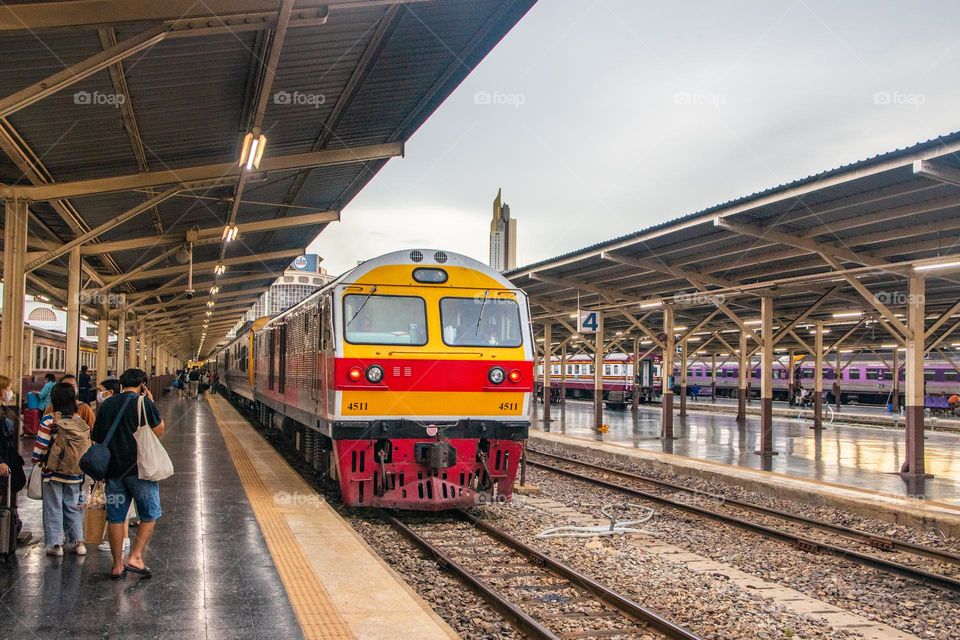 a trian at the Platform of the old main railway station Hua Lamphong in Bangkok Thailand Southeast Asia