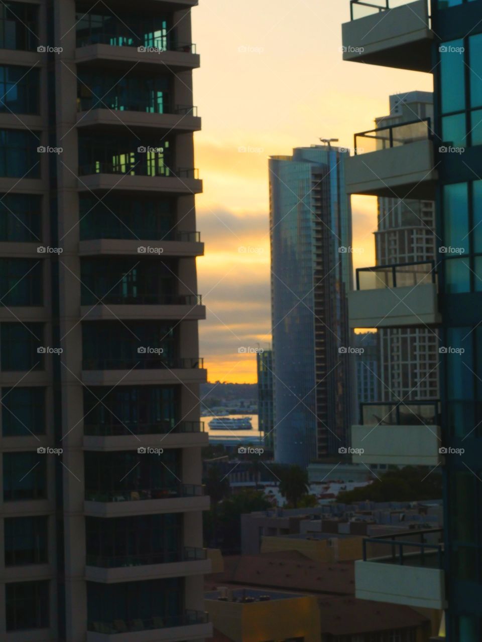 Sunset in downtown San Diego, where steel and commerce greet the bay and the open sea.