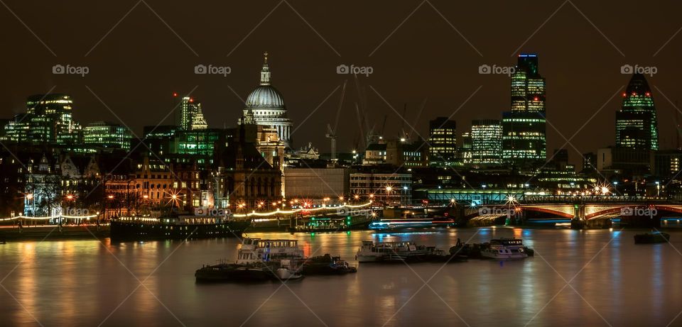 View of The City of London from Waterloo Bridge at night.