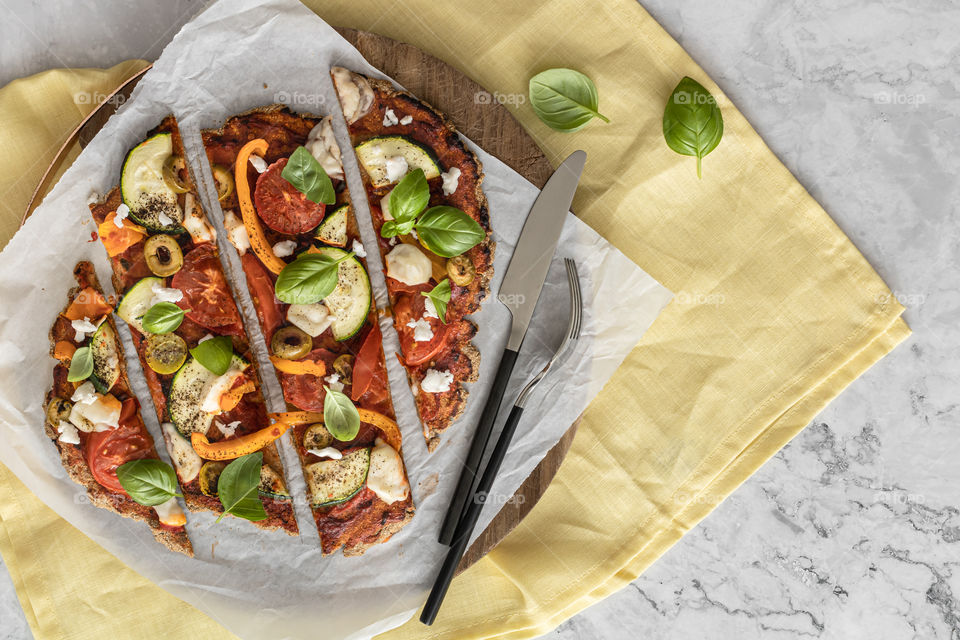 Homemade vegan low carb pizza, top view