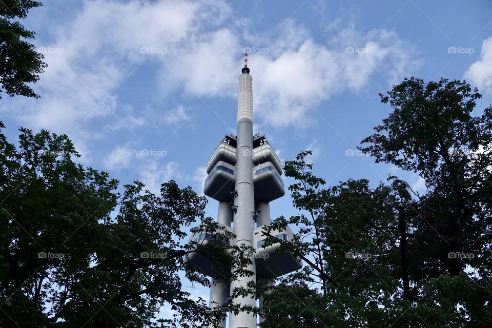 The famous Zizkov Television Tower, unique transmitter tower built in Prague between 1985 and 1992. The tower is an example of high-tech architecture.