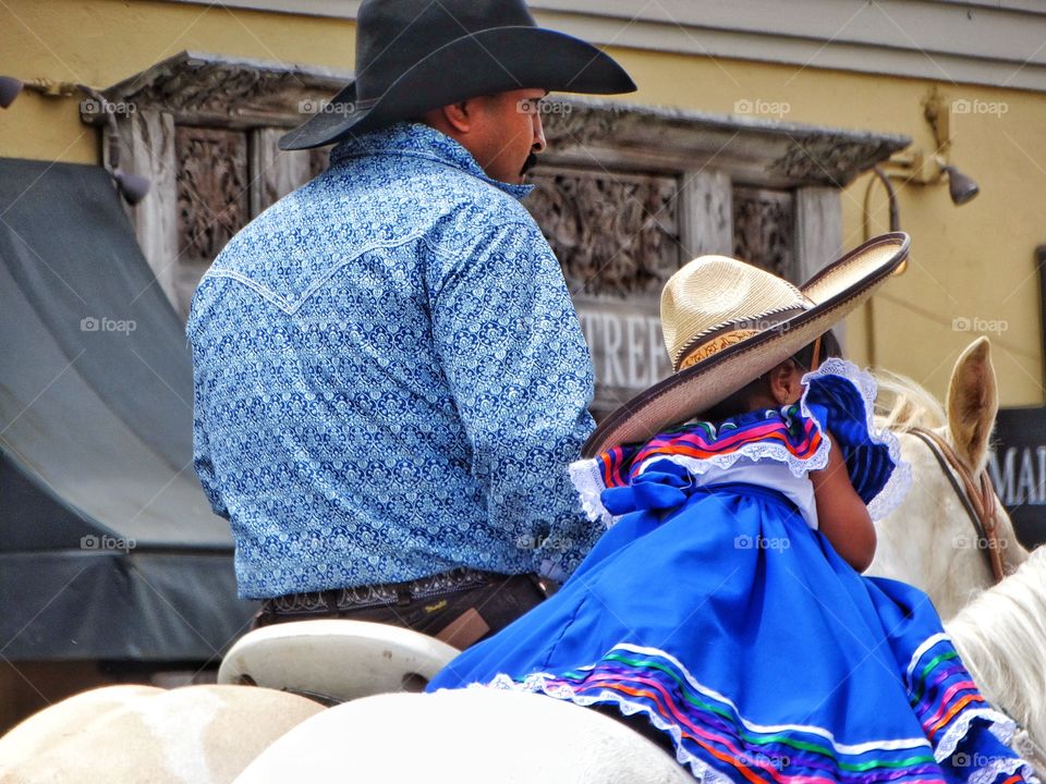 Cowboy Father And Daughter. Cowboy Riding Horses With His Daughter
