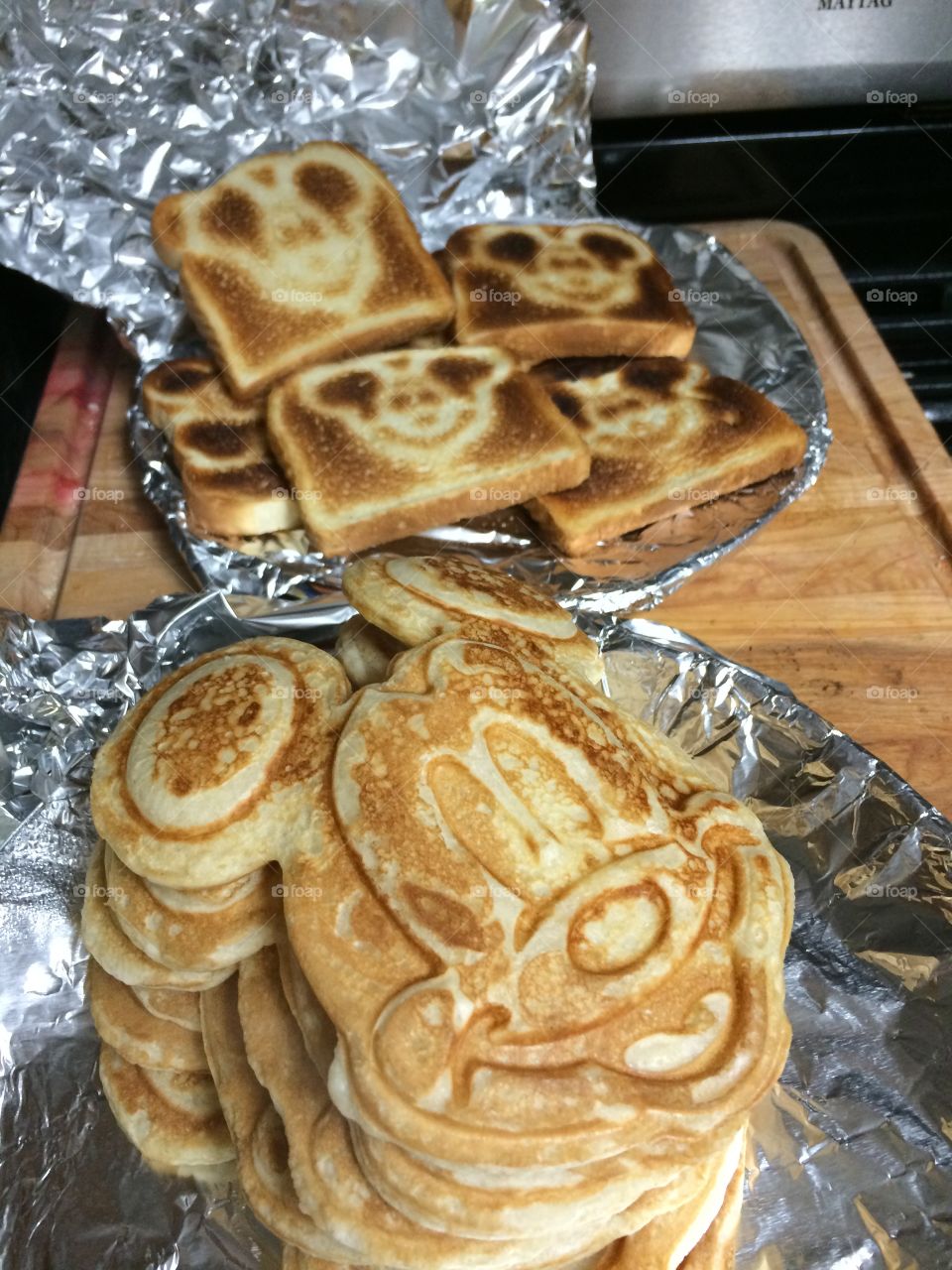 Mickey Mouse pancakes and toast.