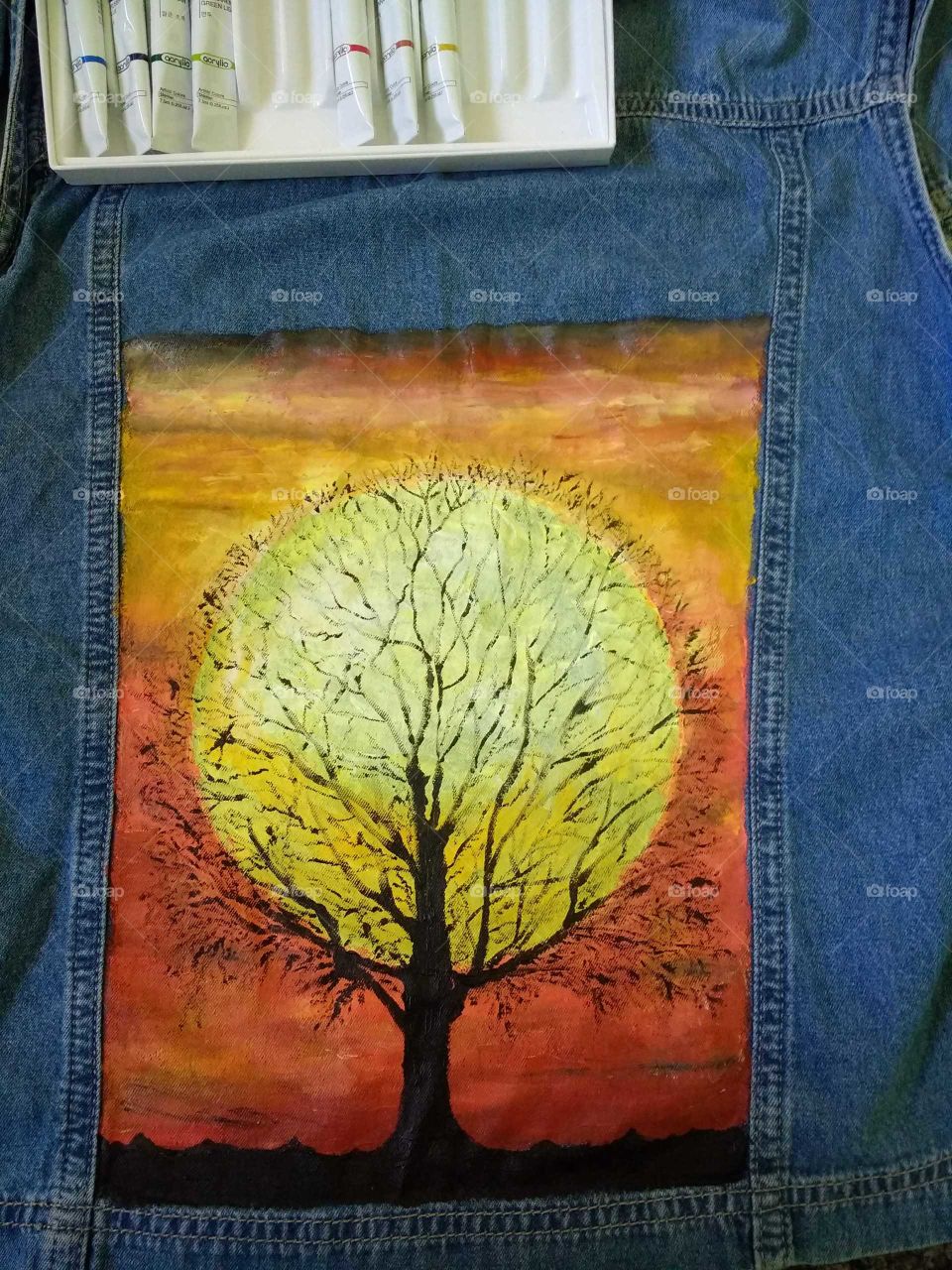 Shining tree on the jeans jacket. My art
