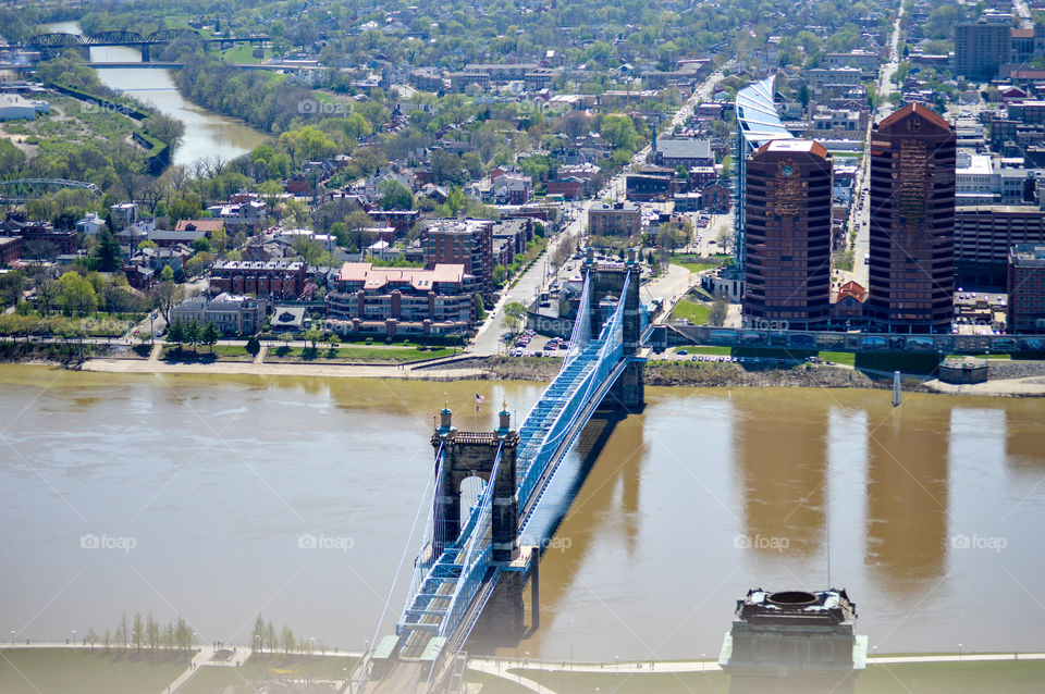 View of the Roebling Bridge over the Ohio River in Cincinnati and Northern Kentucky