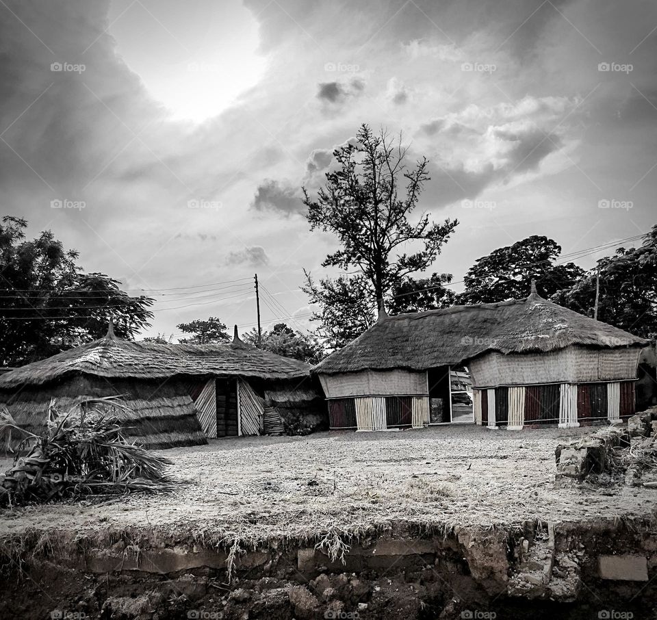 Huts in monochrome.