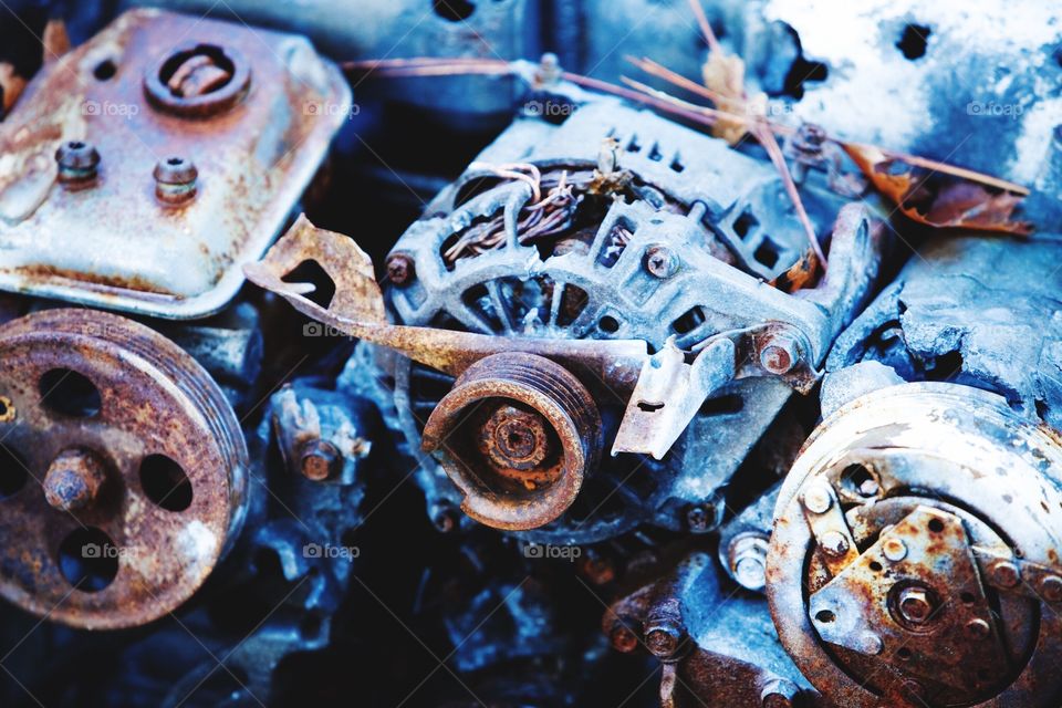 Burned car engine in California wild fires