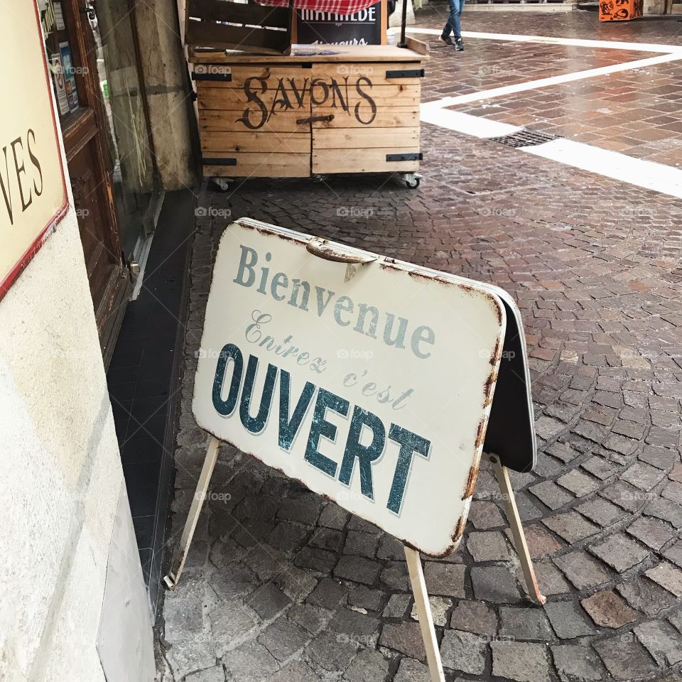 A lovely rustic French typography sign. Taken in Annecy, France during a a European holiday.  