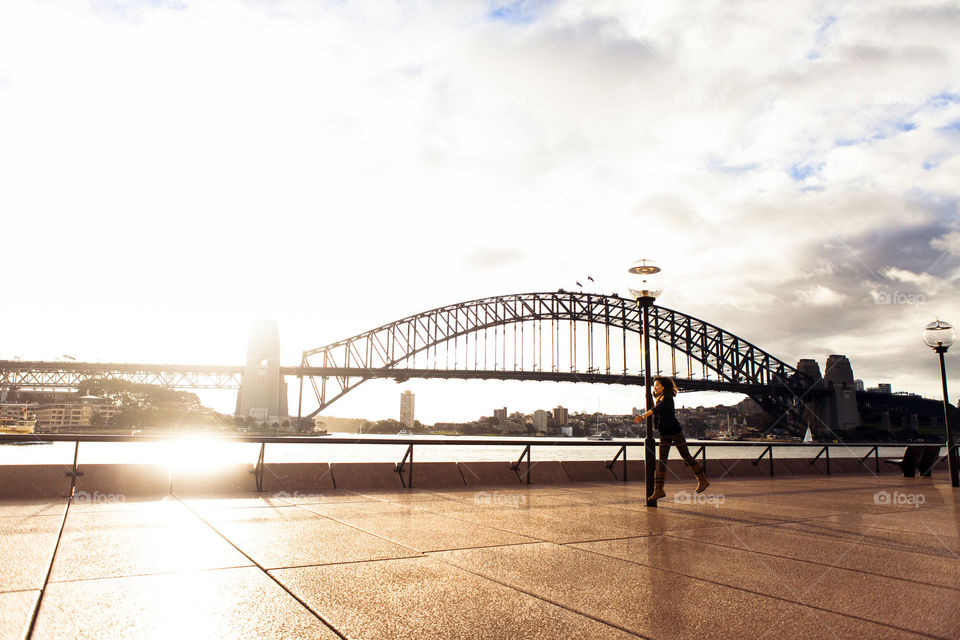 Sydney, Australia, Harbor Bridge at sunset, woman, overlooking tourist spot