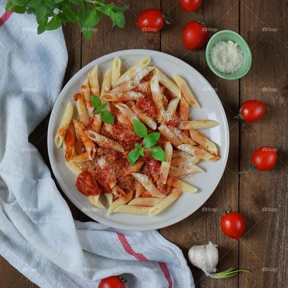 High angle view of pasta with basil