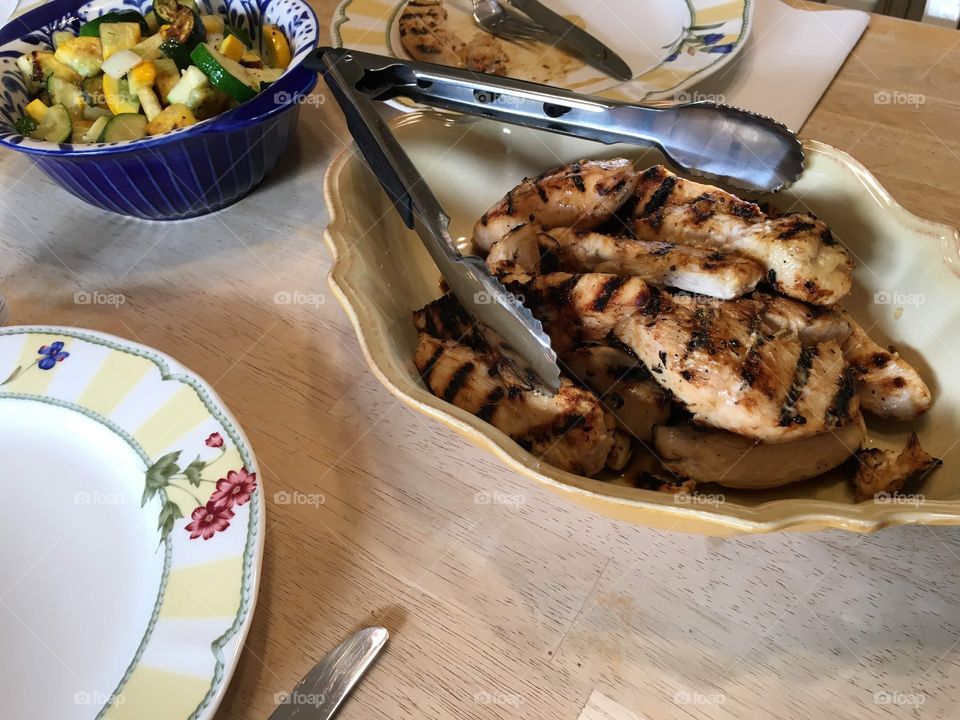 Grilled chicken and zucchini for a summertime supper. 