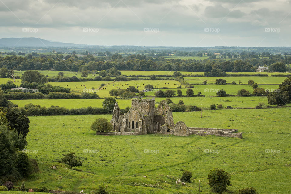 An old ruin as seen from the famous local tourist attraction The Rock of Cashel, a historic site located at Cashel, County Tipperary, Ireland