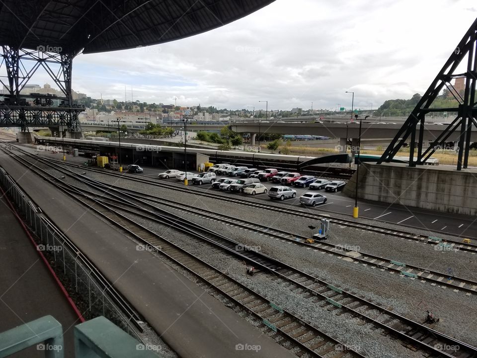 Train and tracks outside Safeco Field in Seattle.