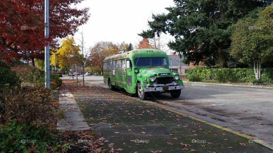 old green  GMC bus on Autumn neighborhood street