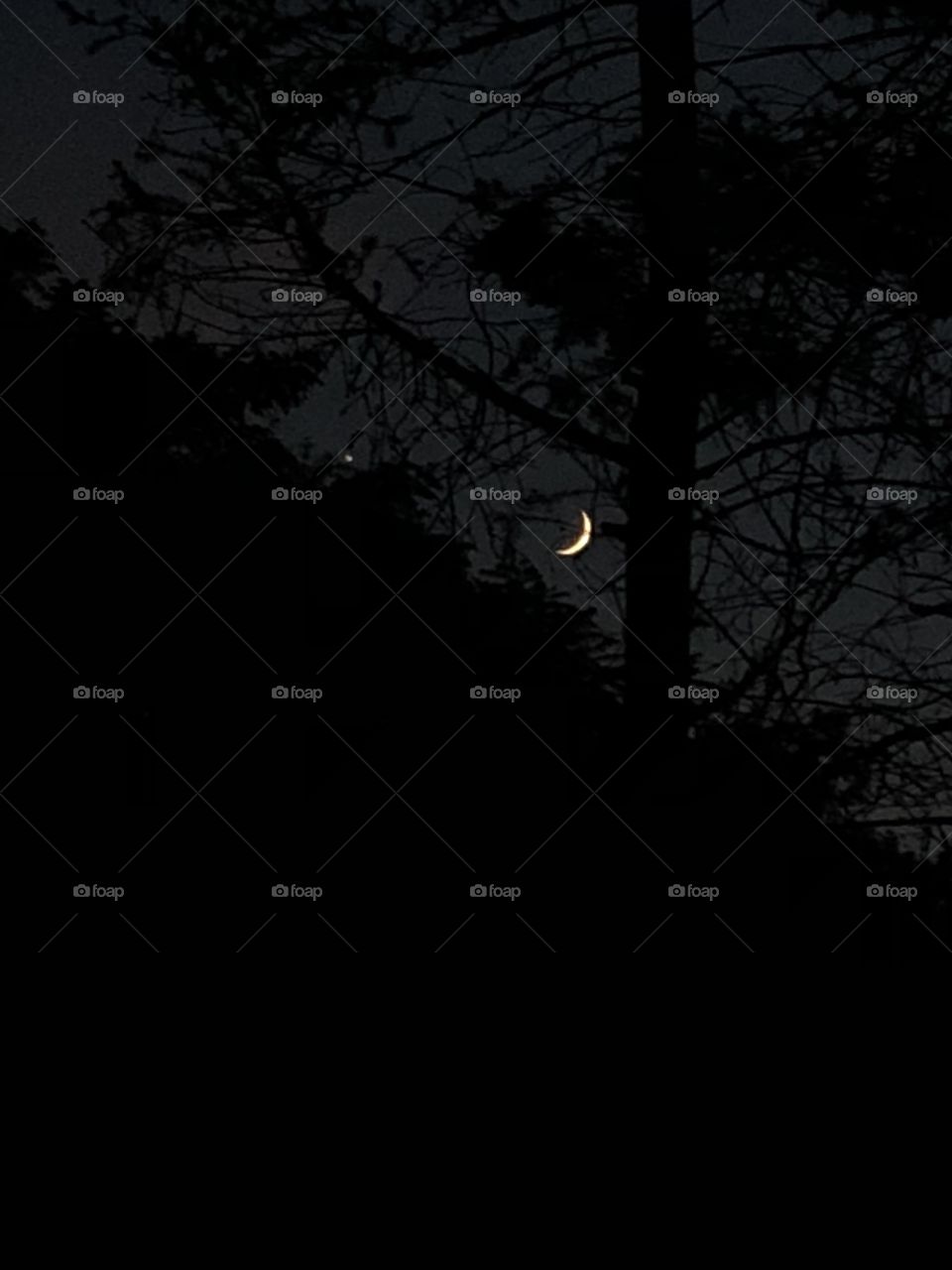 Waxing crescent. Illumination 8%. Venus to the left. July 15, 2018 @ 21:01. Summer Evening. 