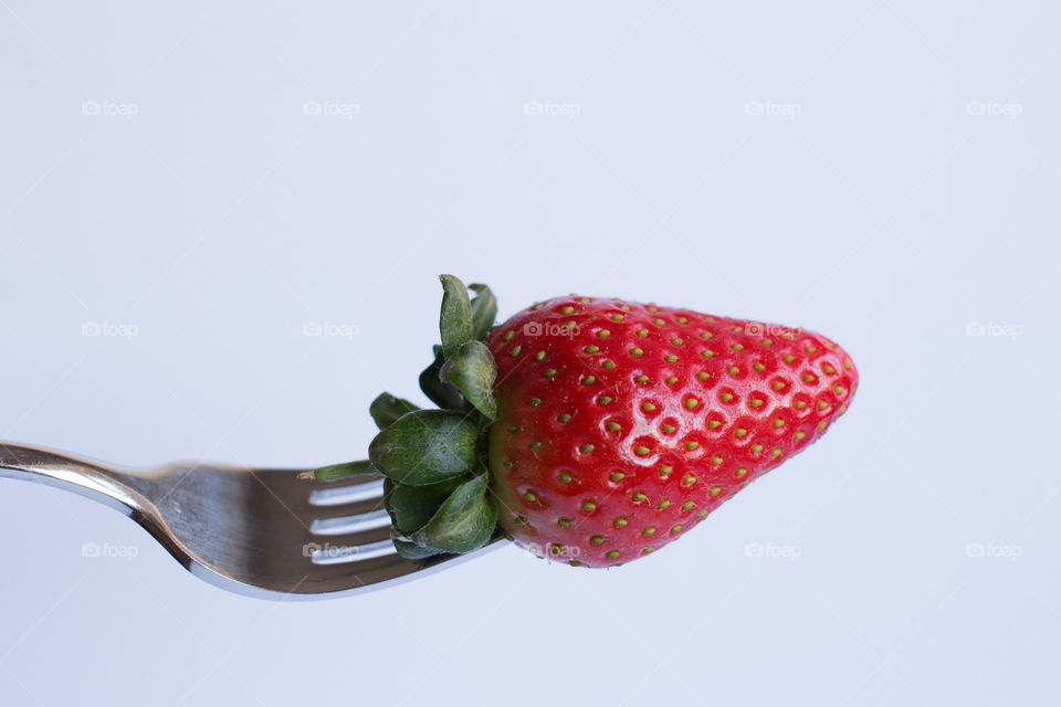 Strawberry on a fork. Single strawberry on a fork in profile on a white background  