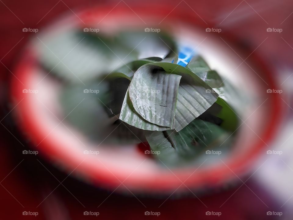 A focused abstract background of banana leaf thar was formed into something called "Canang Tangkih" in Balinese