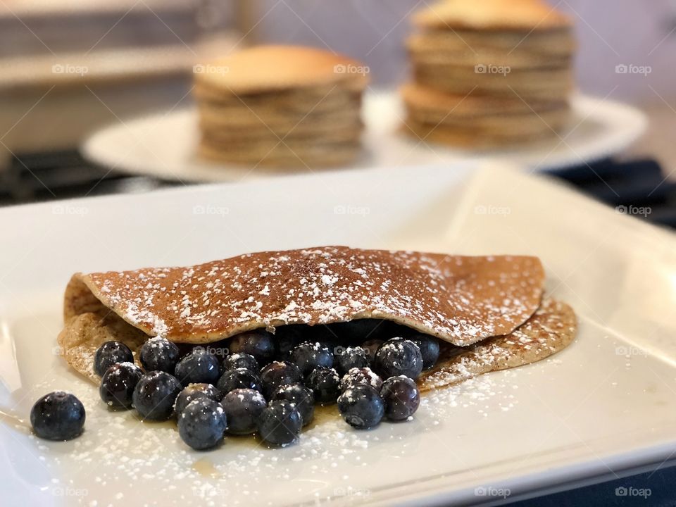 Homemade Bourbon Vanilla Almond Pancakes Stuffed with Organic Blueberries 