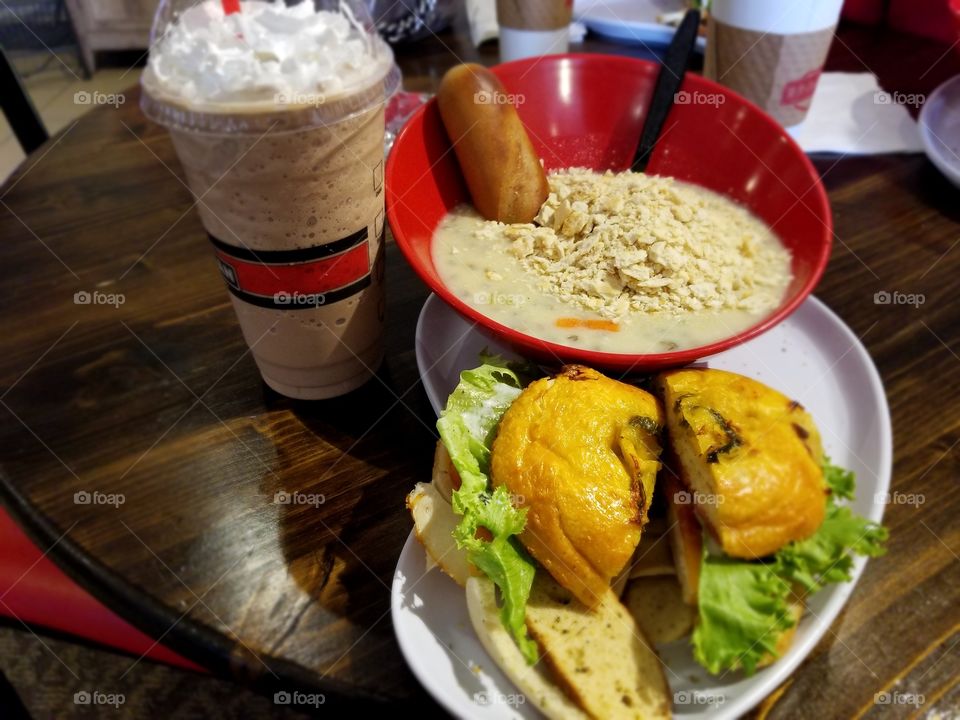 chicken bacon ranch bagel sandwich with soup and frozen mocha