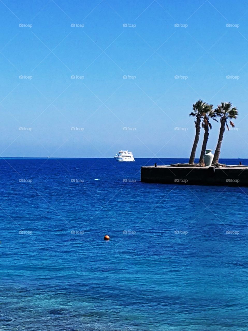A beautiful view from the beach to the dark blue sea, a bay with palms in front and a white ship in back.