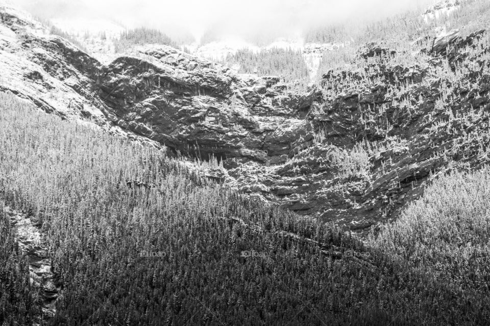 Canada's Rocky Mountains after a light spring snow fall in a storm