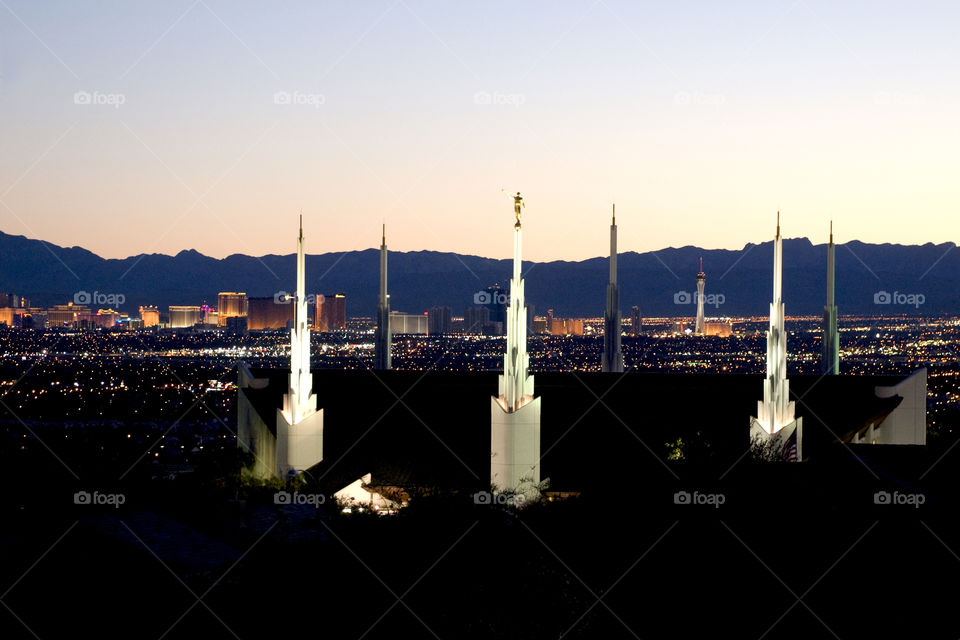 The Las Vegas LDS Temple with the Vegas Strip in the background