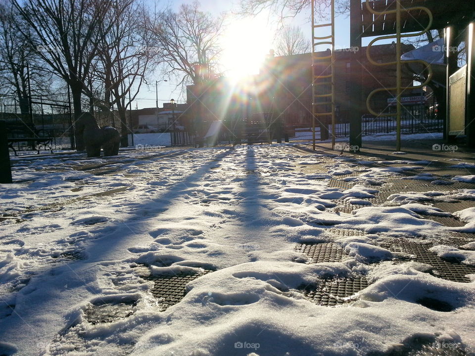 snow, sunshine, blue sky, trees, park, playground, new york, fun,