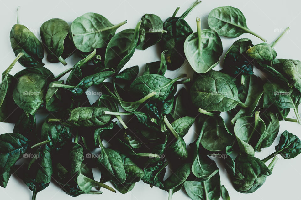 Fresh spinach leaves. Healthy food. Top view.