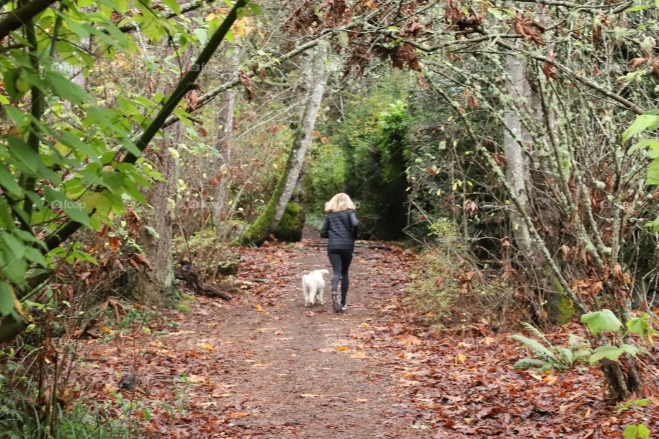 Woman walking with s dog in the forest