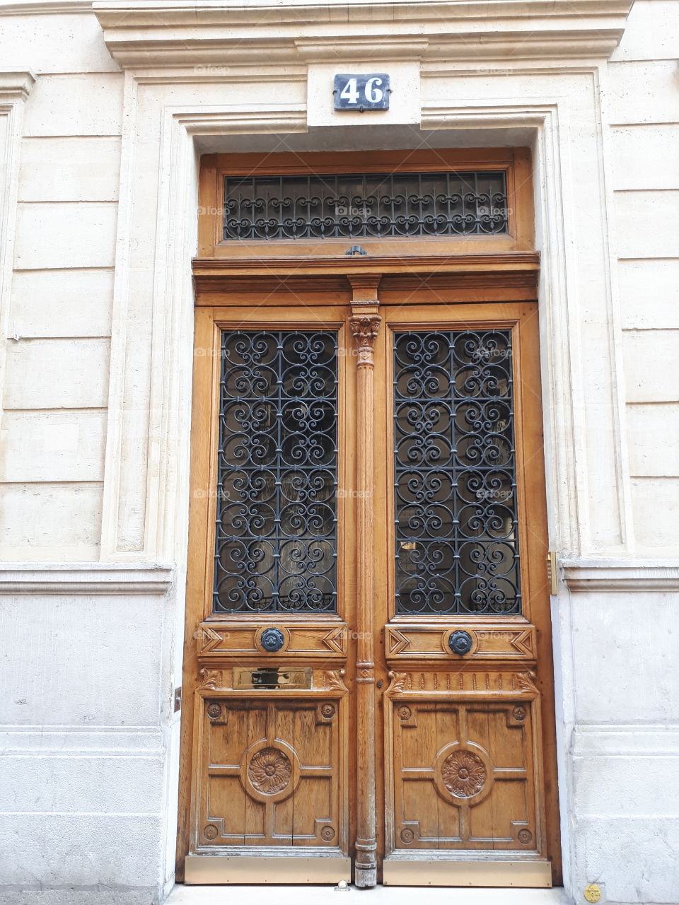 Wooden brown entrance door with lattice