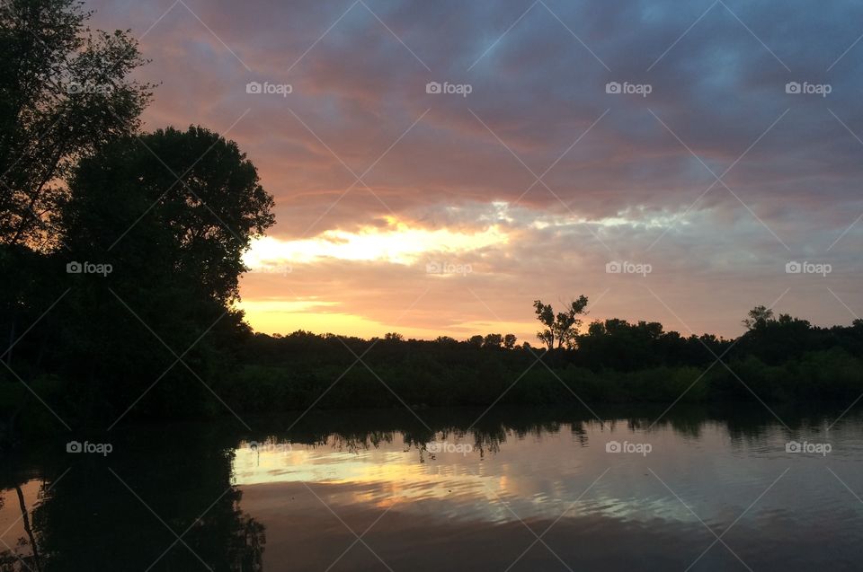 Trees reflecting on lake at sunset
