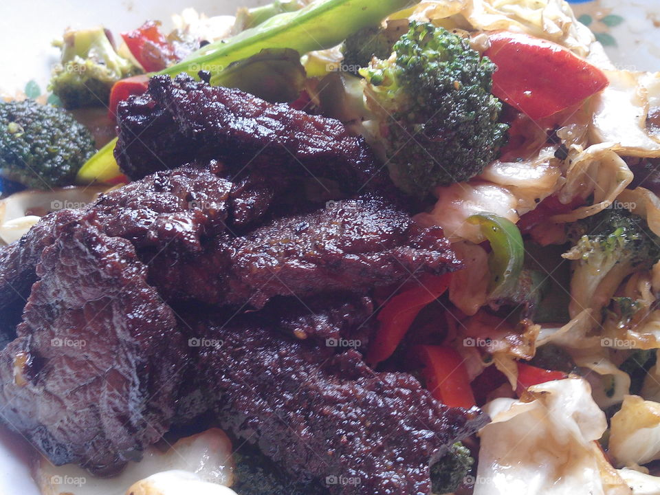 Close-up of beef broccoli