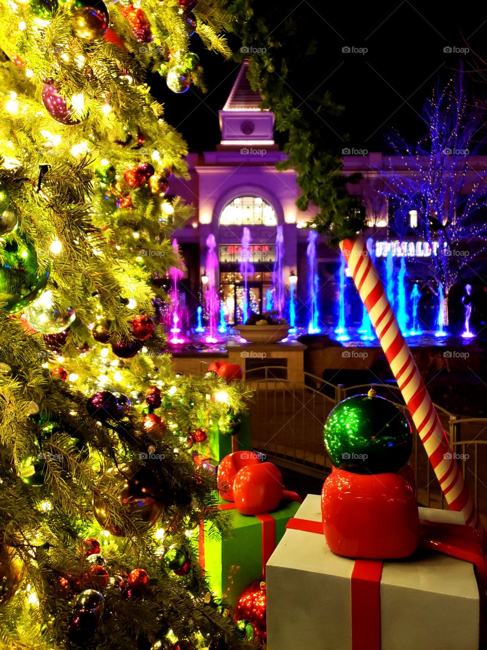 village Christmas tree and fountains