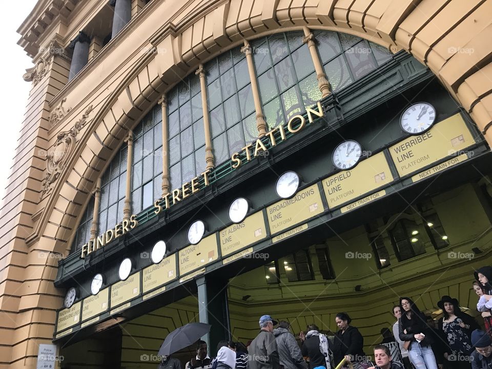 The classic clock face of Flinders Street Railway Station. Melbourne Victoria Australia 