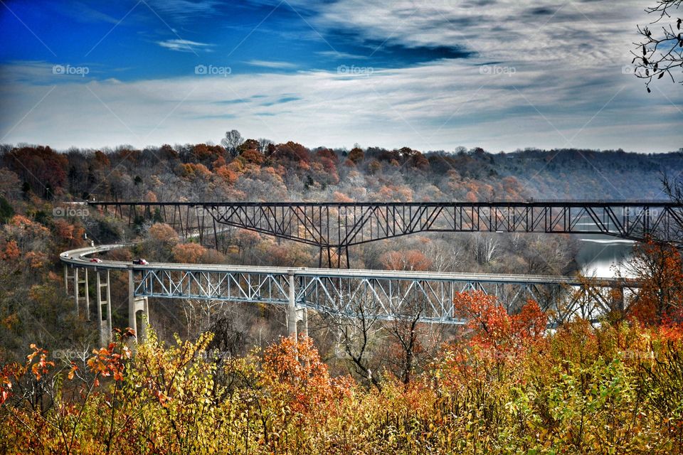 Kentucky fall - road and railroad - both crossing the ravine and river below, well above the treeline