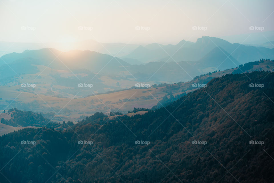 Mountain river valley landscape. Beautiful natural scenery before sunset