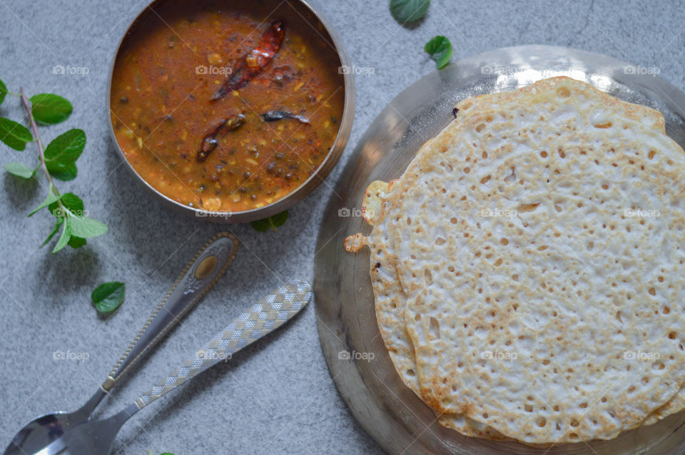 Rice crepe’s with lentil soup, traditional food, food from Himachal Pradesh India, homemade, homecooked