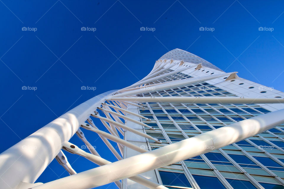 A shot of Turning Torso taken from the foot of the building almost