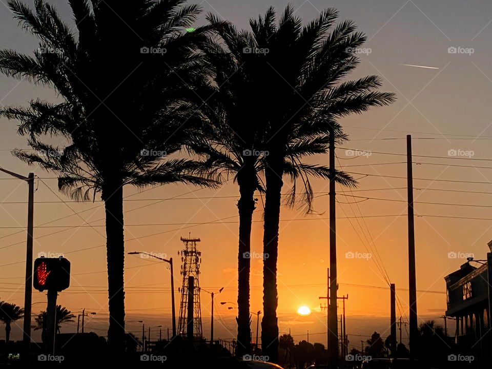 Calming Sunset In A Tropical Environment At The Horizon From The City Ocean Shore Looking Like The Sun Is Sitting On The Layer Of Clouds.