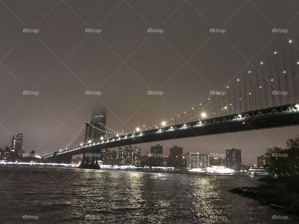 Foggy night Manhattan bridge